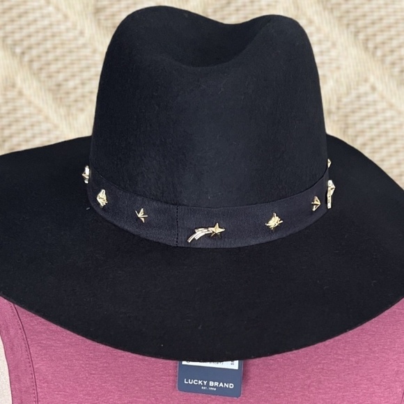 LUCKY BRAND (NWT) 100% WOOL Gold-Charm-Accented Band Black Wide Brim Ranger Hat - Picture 5 of 16
